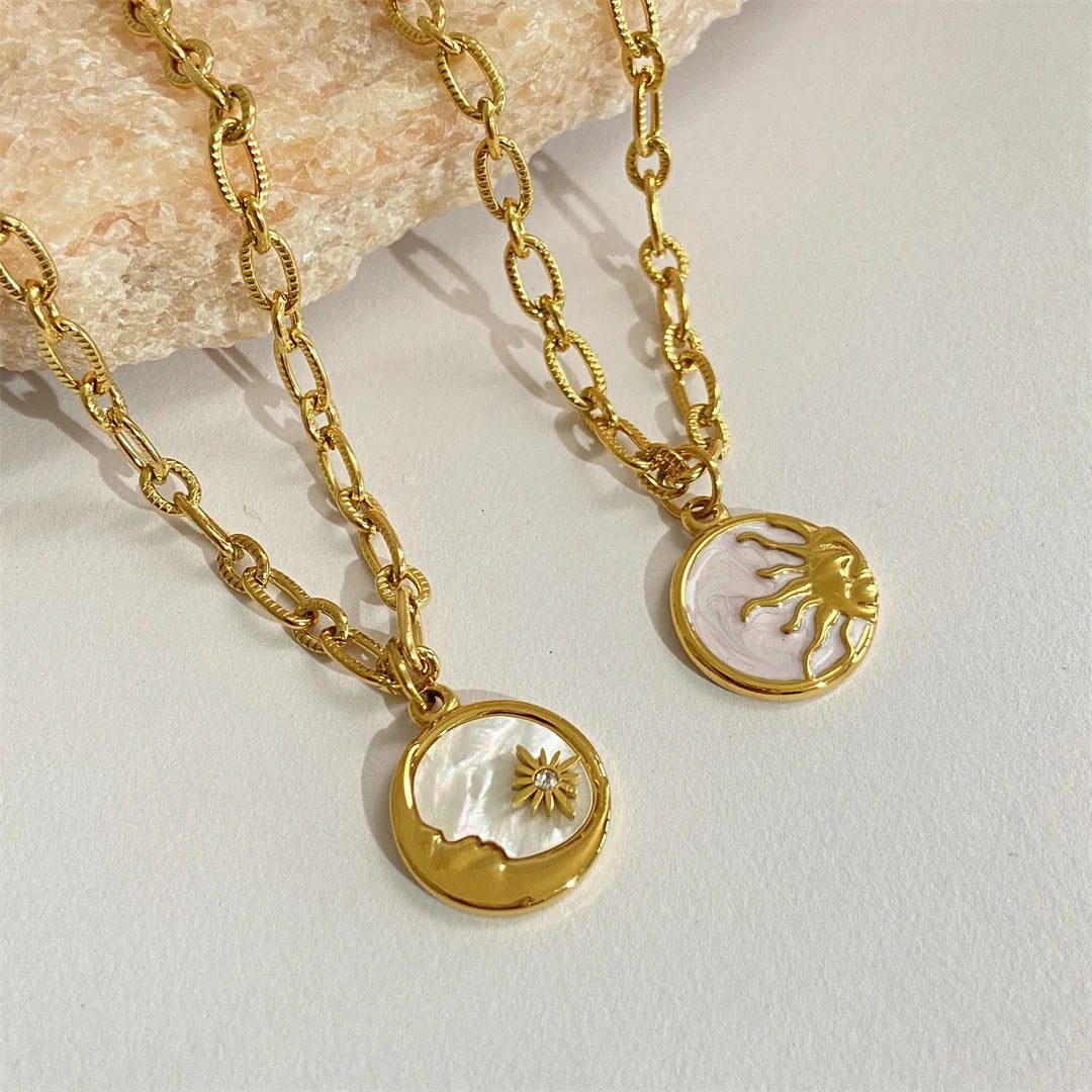 Vintage Sun and Moon Pendants Necklace White Shell Round Coin Stainless Steel Chain Necklaces