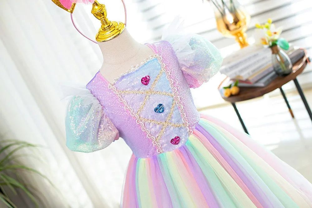 Rainbow Gradient Princess Ball Gown with Puff Bubble Sleeves