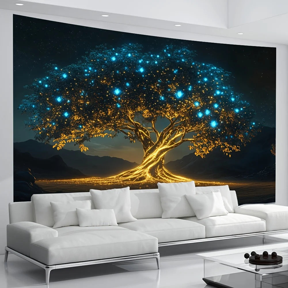 Enchanted Tree Tapestry Firefly Starry Sky Bedroom Meditation Space Natural Style Living Room Decor