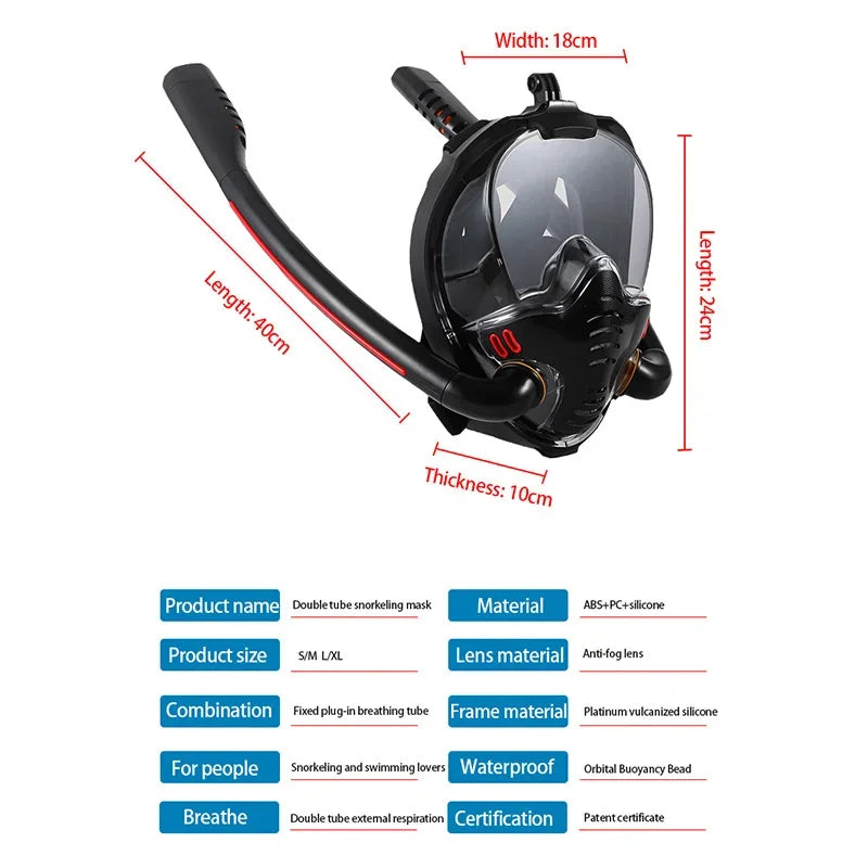 Full Face Snorkel Mask with Anti-Fog Wipes 180 Degree Panoramic HD View Snorkeling Mask Anti-Leak Dry Set for Adults