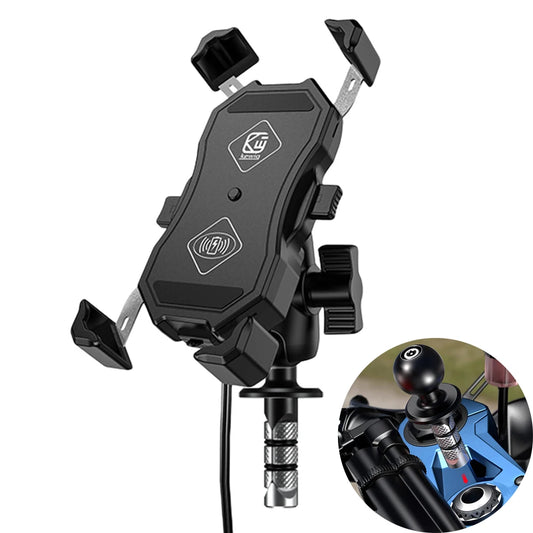 Motorcycle Fork Stem Wireless Charger 15W Qi/USB Quick Charge Phone Holder Handlebar Mirror Mount with 1" Ball for 3.5"-6.8"