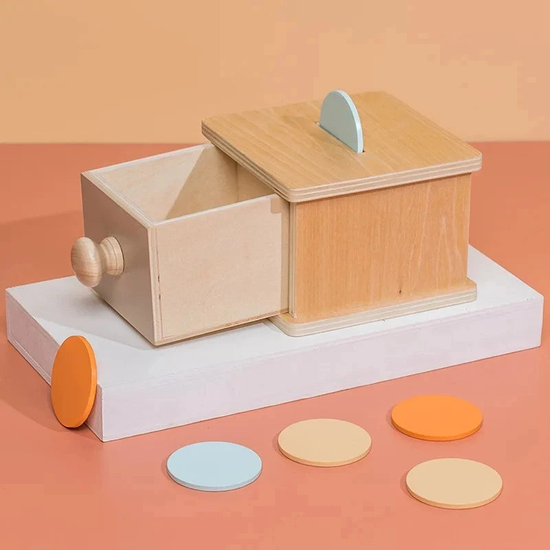 Montessori Coin Ball Box  Toy Wooden Object Permanence Box Macaroon Color Spinning Drum Drawer Box Educational Toys