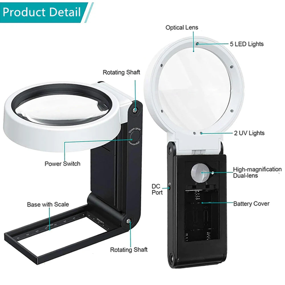 3X 5X 25X LED Handheld Magnifying Glass with Stand Foldable Reading Magnifier