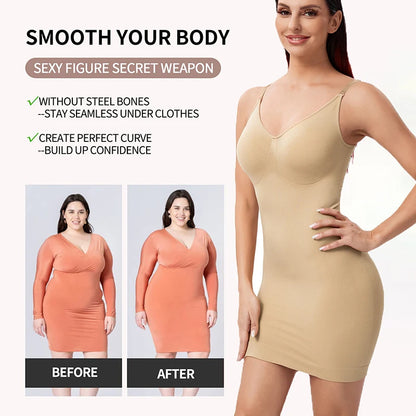 Full Slip Shapewear Women Dress V Neck Bodycon Underwear Smooth Compression Body Shaper Slimming Waist Abdomen Belly Corset