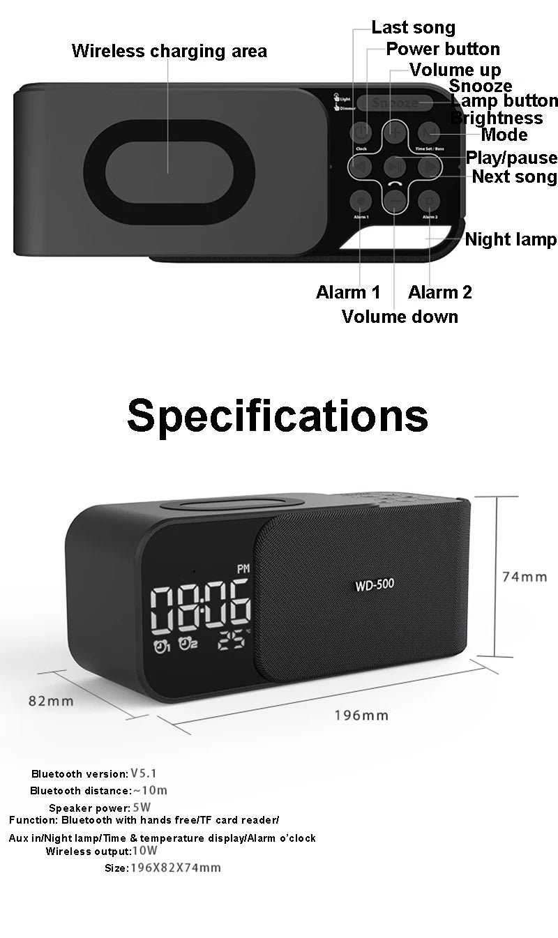 15W wireless charging Dual alarm clock home Bluetooth speaker with night light Bluetooth subwoofer temperature display FM/TF/AUX