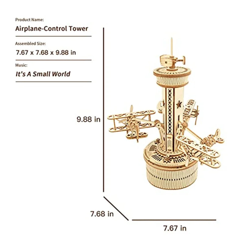 3D Wooden Puzzles DIY Musical Box Model Kit to Build Self-Assembly Building Kit Airplane-Control Tower