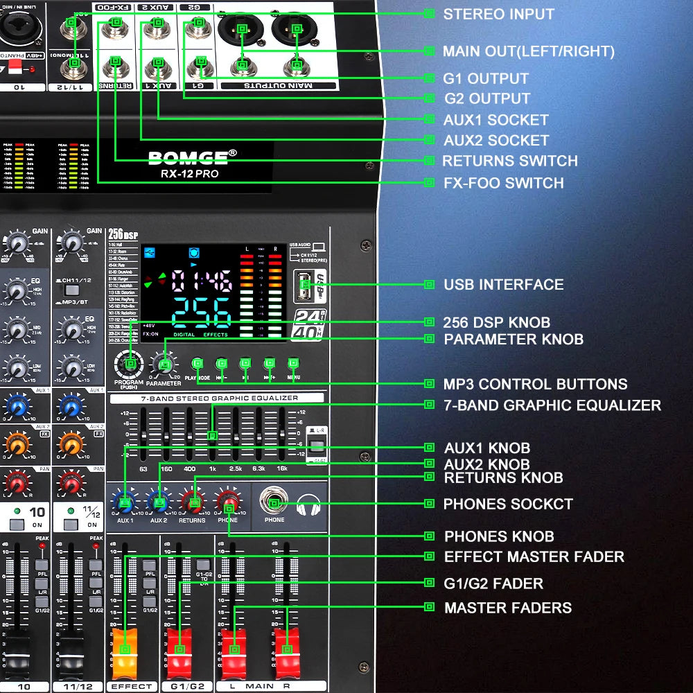 Professional 12 Channel Audio Mixer Console with USB Bluetooth and 256 DSP Effects