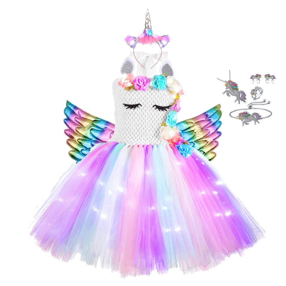 Girl Unicorn Dresses for Girls Tutu Princess Party Dresses with LED Lights Flower Birthday Party Cosplay Costume Girls Clothing