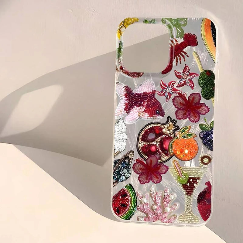 Ocean Elements Fruit Juice Pattern Phone Case For iPhone 16 15 14 Pro Max Shockproof Cover
