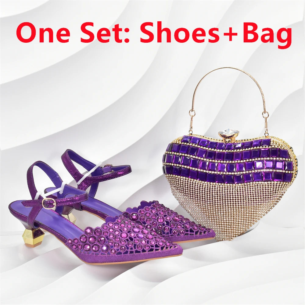 Italian Shoes and Bags Matching Set Rhinestones African Pointed Toe Women High Heel Evening Party Pumps Wedding Shoes Bride