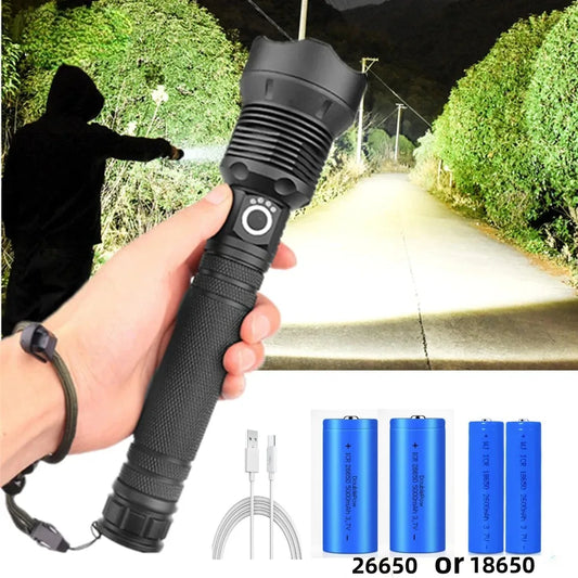 XHP70.2 LED Flashlight Rechargeable Zoom Tactical Torch USB Waterproof Camping Hunting Light