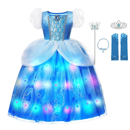 LED Light Up Girls Disney Cinderella Princess Cosplay Dress Kids Ball Gown Sequin Carnival Mesh Clothing for Birthday Christmas