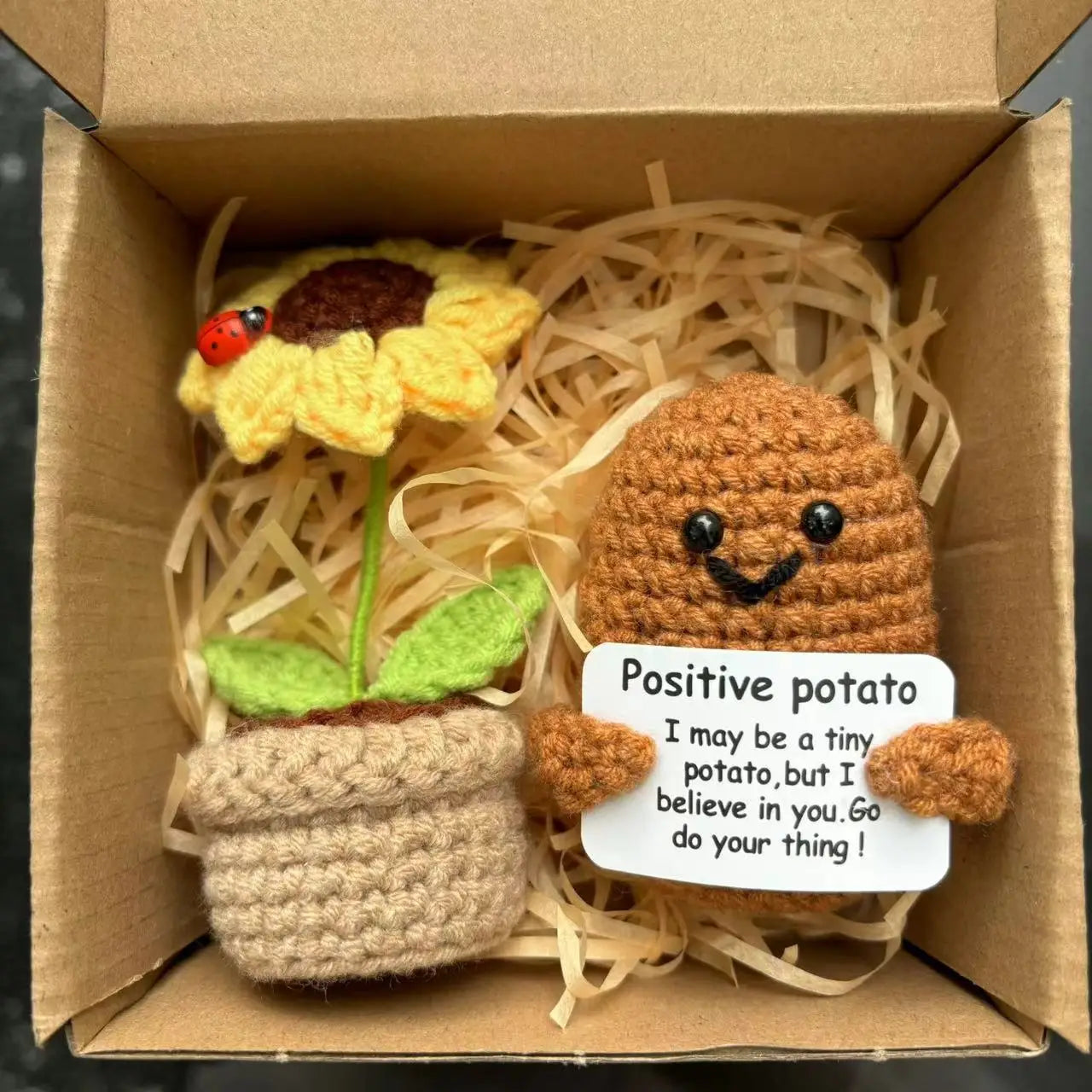 4 Pcs Positive Energy Cucumber with Sunflower Pot Kit Home Room Decor Funny Handmade Knitted Potatoes Wool Doll Christmas Gifts