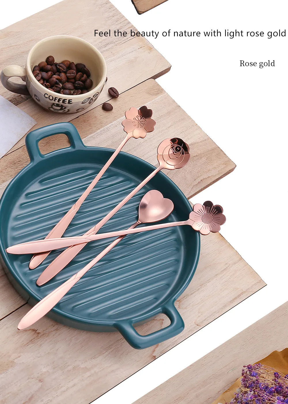 4pcs Long Flower Spoon Stainless Steel Dessert Spoons Gold Long Handle Teaspoon Mixing Scoop for Coffee Cake Kitchen Accessories