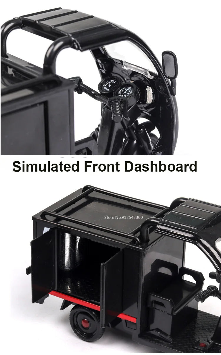 1/32 Scale Express Delivery Tricycle Model Car Toy Steerable Front Wheels Sound Light Pull Back Vehicle Models Gifts for s