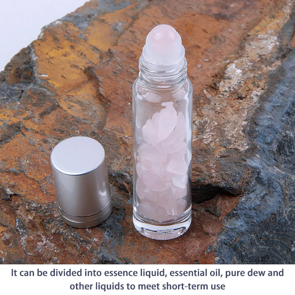 10pcs Glass Essential Oil Roller Bottles with Natural Gemstone Chips Refillable Roll-On Healing Crystal Bottles for Aromatherapy
