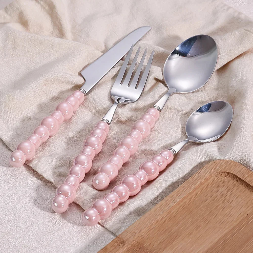 4Pcs Luxury Dinnerware Set Ceramic Pearl Handle Stainless Steel Spoon and Fork Set Western Silver Cutlery High-looking Tableware