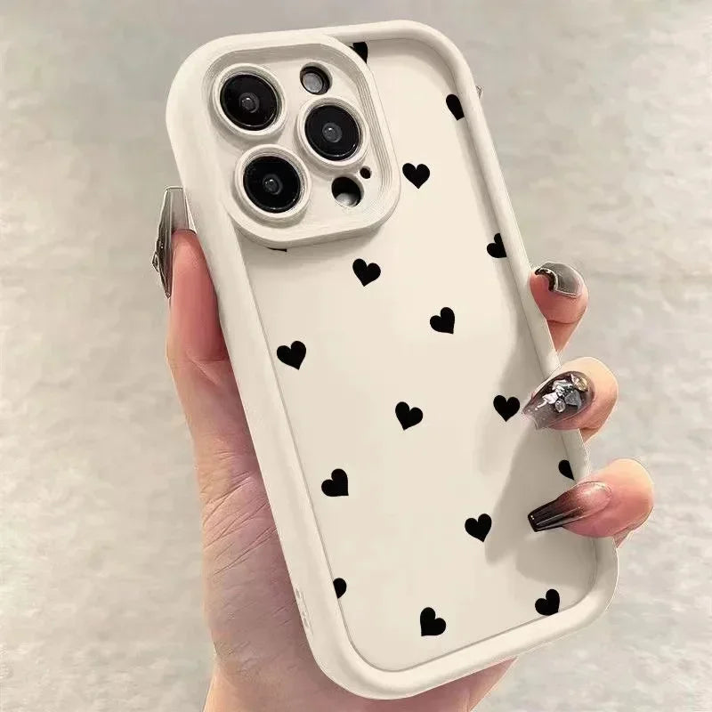 Black Love Heart Soft Matte Phone Case For iPhone 17 Air 14 Pro 16E Plus Cover For iPhone 15 16 17 Pro Max Cases