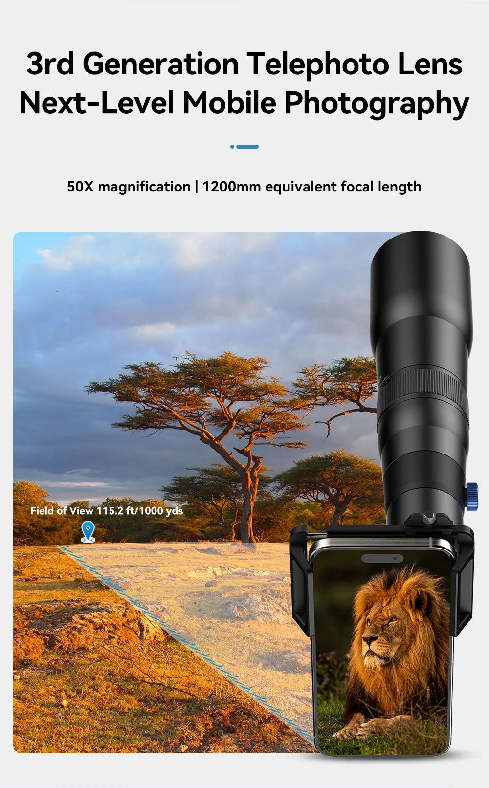 50X Telephoto Smartphone Lens with Tripod and Phone Clip