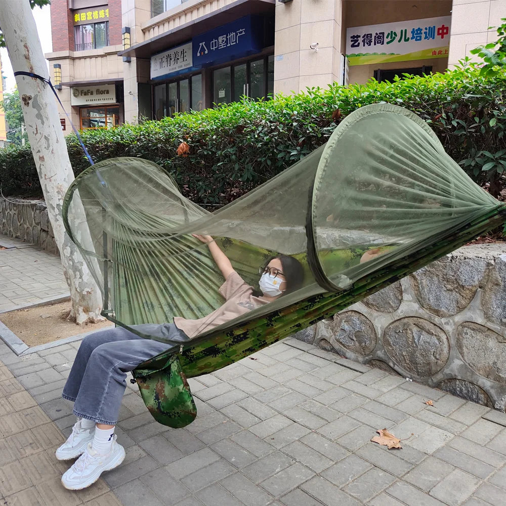 Portable Outdoor Camping Hammock with Mosquito Net High Strength Parachute- Fabric Hanging Bed Hunting Sleeping Swing