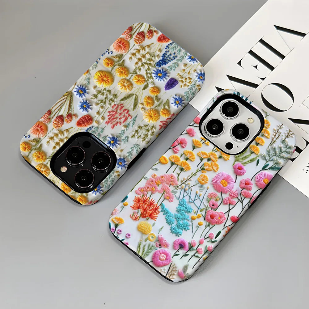 Wildflower Boho Embroidery Effect Flower Case for iPhone 16 15 Pro Max 14 Plus Protective 2 in 1 Double Deck Cover