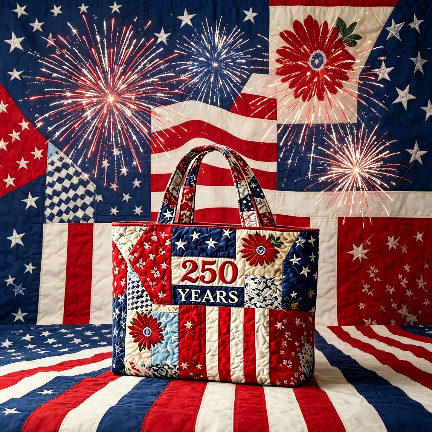 Patriotic Quilted Tote Bag 250 Years American Flag Patchwork Shoulder Handbag