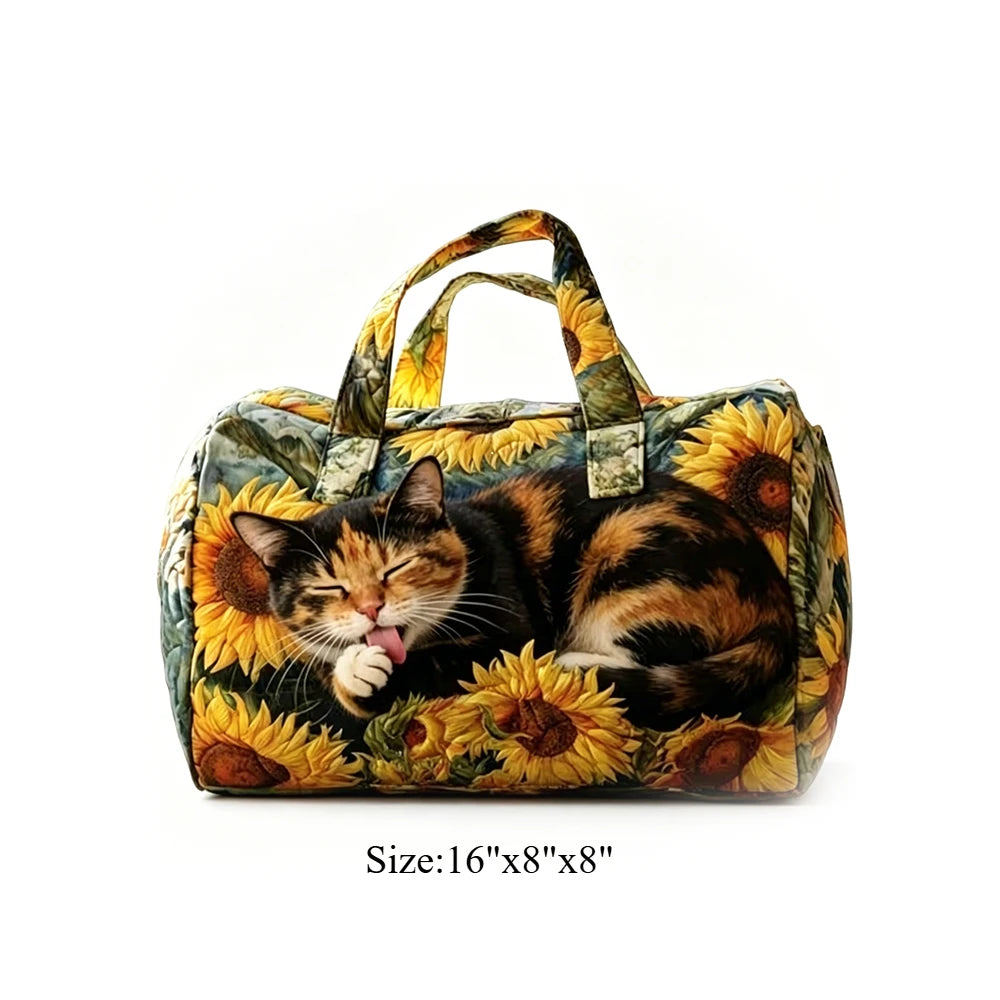 Quilted Duffel Bag Weekender Bag Cute Cat Tropical Floral Print Carry On Luggage Lightweight Bags for Beach Vacation Party Sport