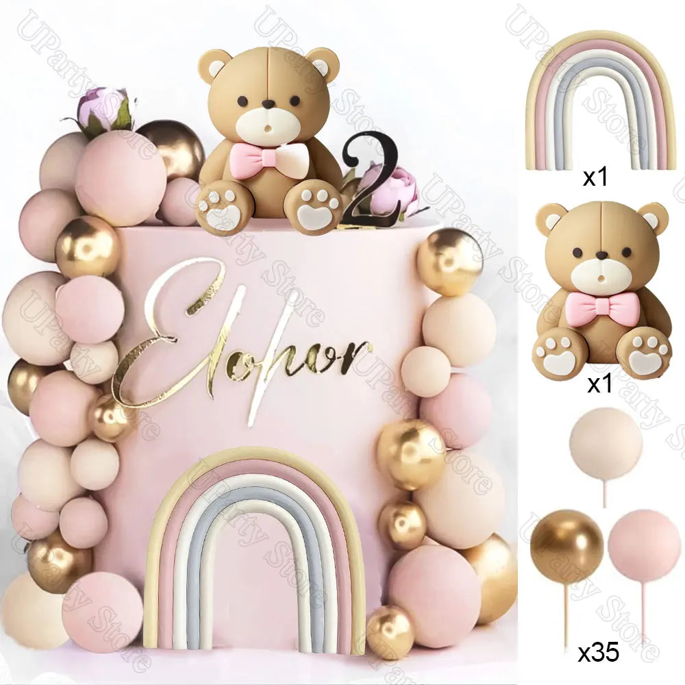 1 Set Pink Bear Cake Toppers Boho Rainbow Nude  Pink Balls Cake Decorations for Birthday Baptism  Shower Party Favor