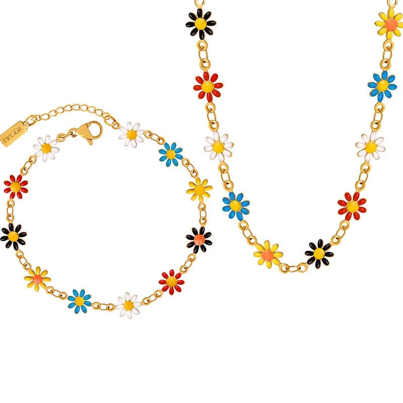 Colorful Daisy Titanium Steel Necklace/Bracelet 18K Gold Plated Waterproof Chain 45 cm