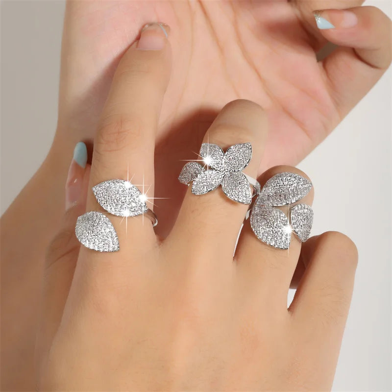 Multilayer Zircon Open Rings for Women Fashion Water Drop CZ Leaf Shape Ring