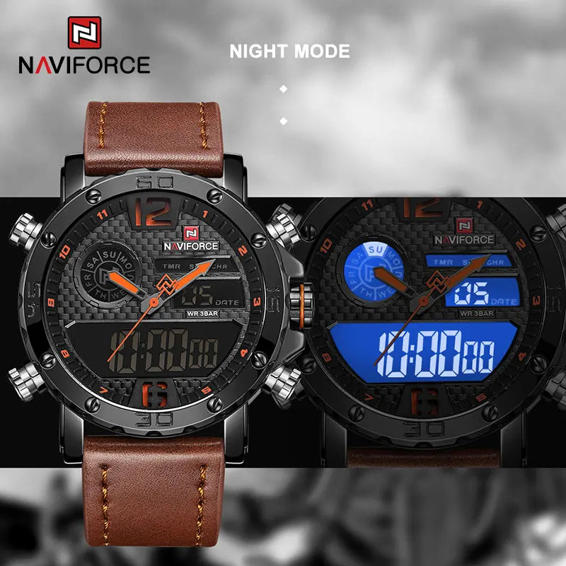 Leather Sports Watches Men's Quartz LED Digital Clock Waterproof Military Wrist Watch