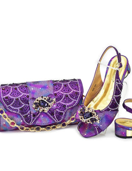 Pattern Popularity Newest Sandals Ladies Shoes and Bag Set Full Diamond Fashion Design Purple Color Pumps for Wedding Party