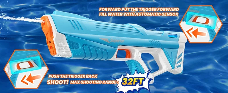Full Automatic Electric Water Gun 43cm Portable Rechargeable Water Blaster for Outdoor Activities
