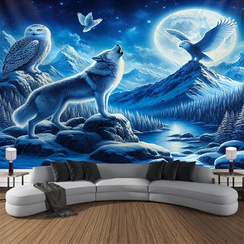 Arctic Wolf King Tapestry Wolf Fur Texture Snow Mountain Moonlight Living Room Theme Natural Style Room Decor