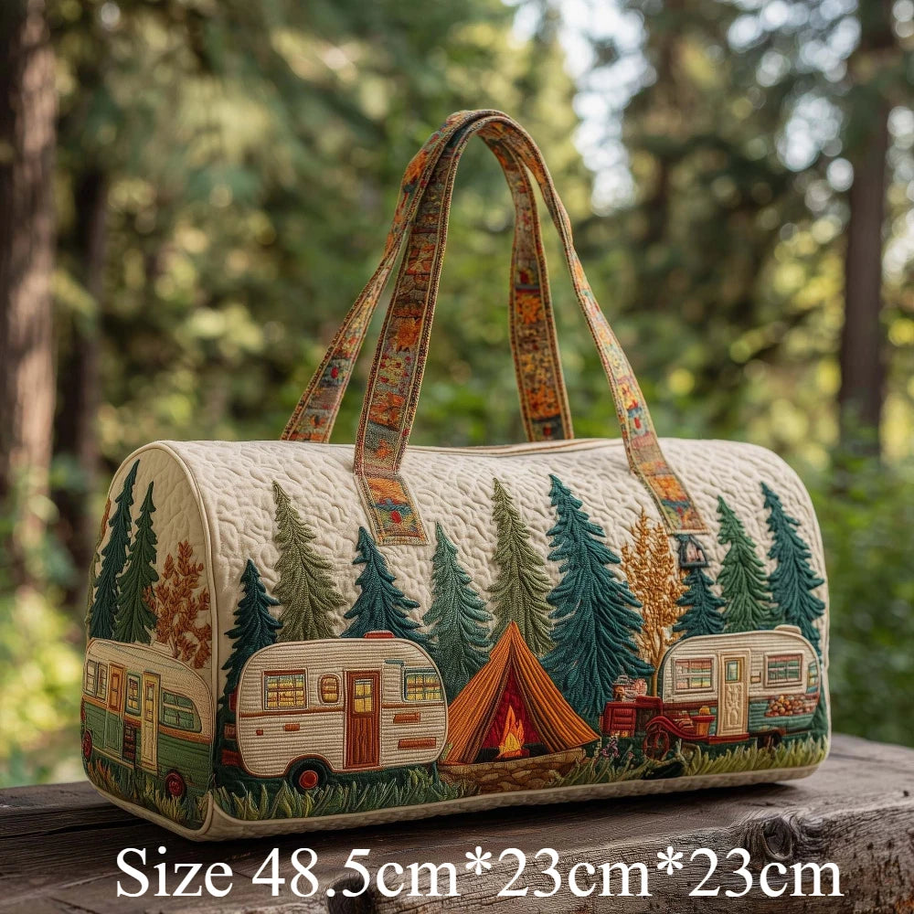 Handmade Quilted Travel Bag Vintage Artistic Camper Nature Duffle Bag Boho Weekender Tote for Men Women Camping Hiking Road Trip