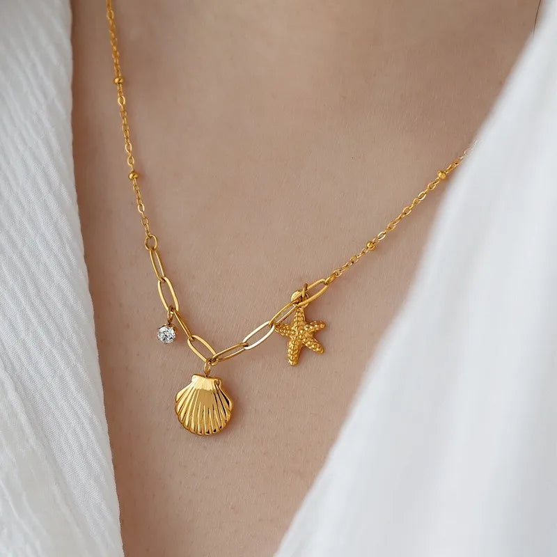 Exquisite Ocean Shell Starfish Pendant Necklace For Women Girls 18K Gold Plated Stainless Steel Choker Chain 45 cm