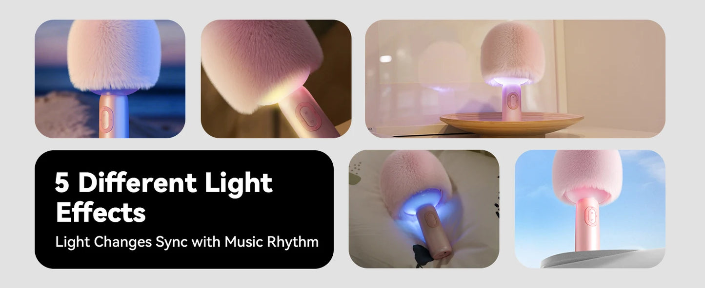 Bluetooth Karaoke Microphone with Fluffy Cover, 2-in-1 Handheld Mic & Speaker with Dynamic LED Lights for Party Singing