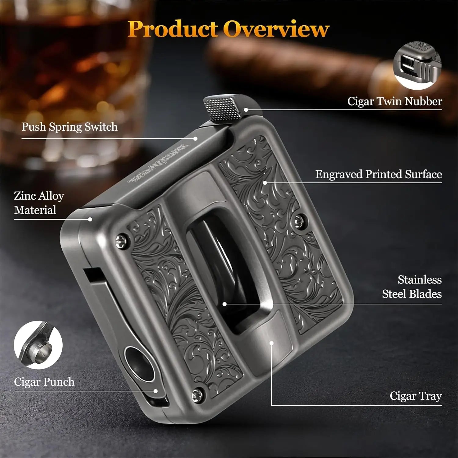 Cigar Cutter,4 in 1 Multifunction V Cut Cutter with Cigar Punch,Cigar Holder & Twin Nubber,Suitable for Max 60 Ring Gauge Cigars