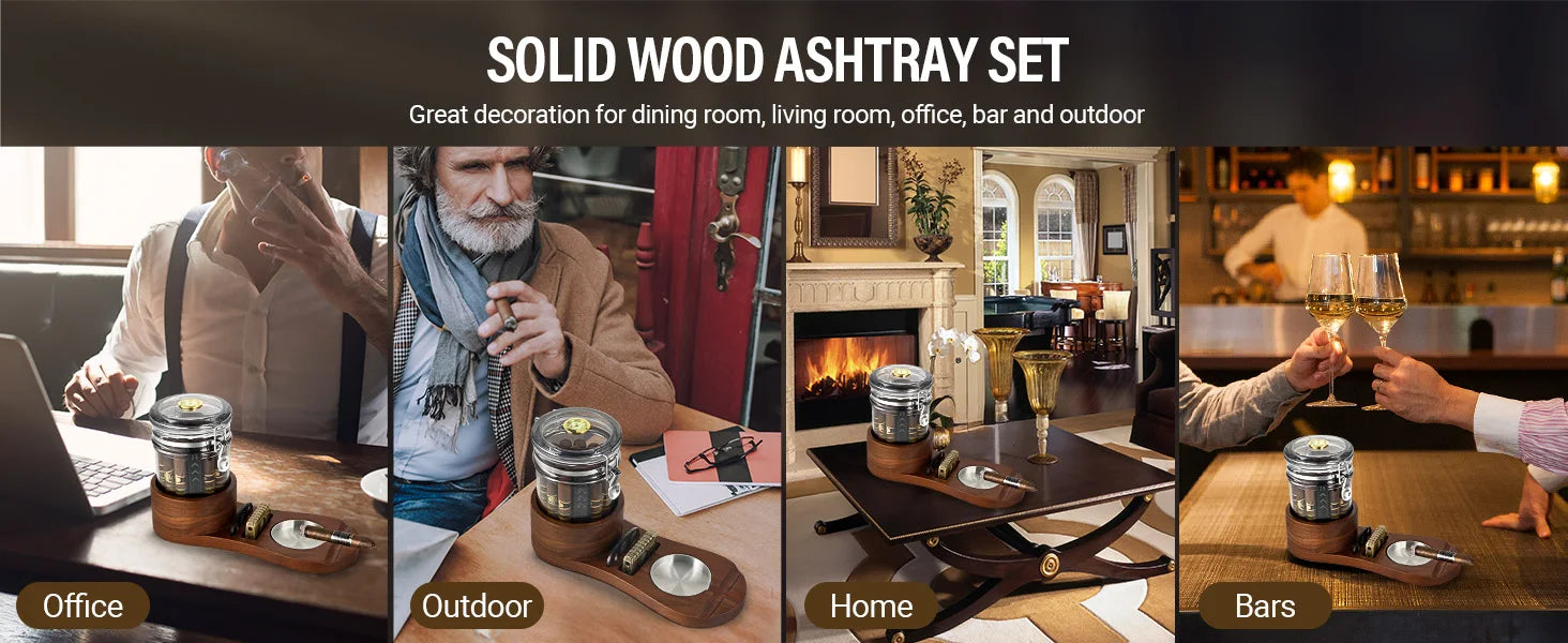 Cigar Humidor, Solid Wood Cigar Ashtray & Acrylic Cigar Jar Kit with Cigar Cutter, Humidifier and Dropper, Holds 18-20 Cigars