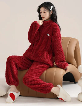 Women’s Christmas Fleece Pajama Set – Warm Flannel Zipper Sleepwear, Thick Coral Velvet