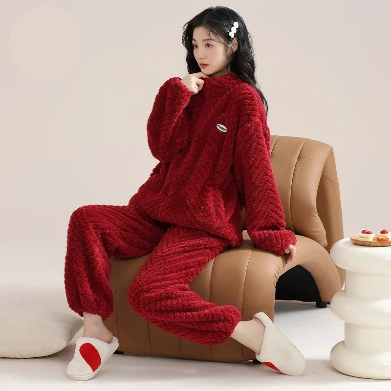 Women’s Christmas Fleece Pajama Set – Warm Flannel Zipper Sleepwear, Thick Coral Velvet