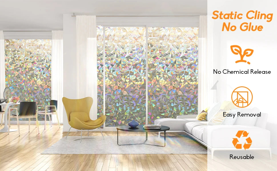 Privacy Window Films No Glue Static Adhesive Glass Film for Decorative Bathroom Living Room Kitchen Rental Apartment Rainbow