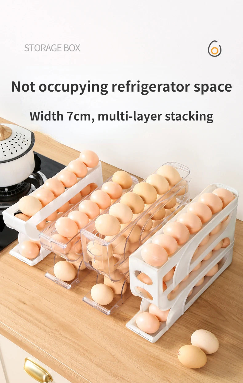 3/4-Layer Egg Storage Box – Automatic Rolling Slide Refrigerator Side Door Egg Rack Organizer