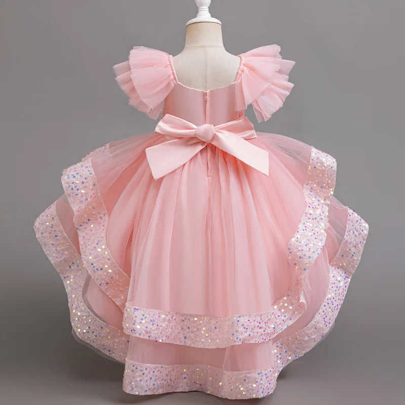 Sparkling Girls' Evening Gown - Sequin Dress with Train for Birthday Party & Piano Recital