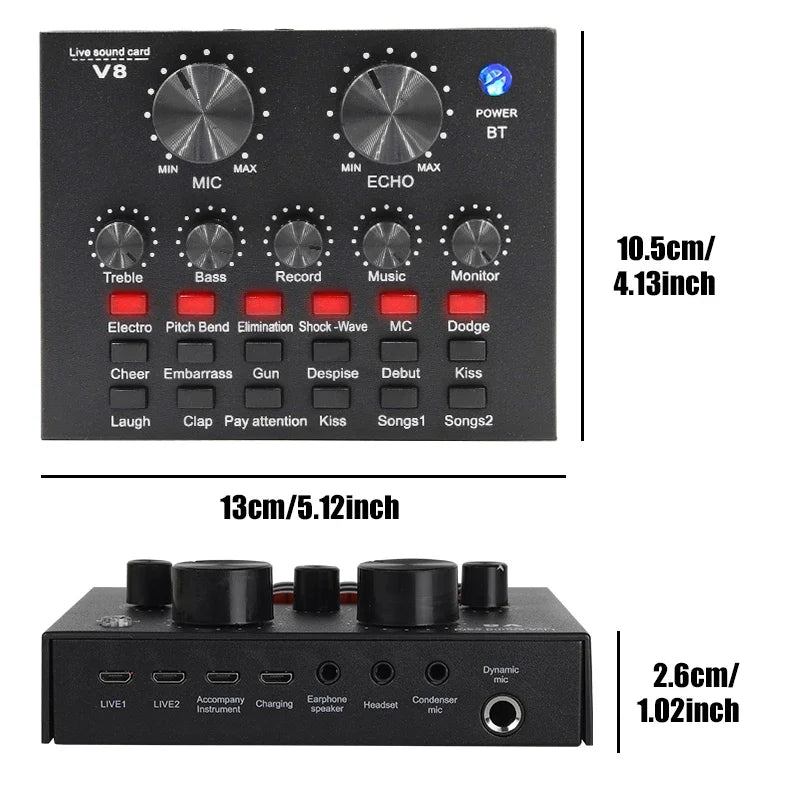 V8 USB Audio Mixer Sound Card For Live Streaming Podcast And Recording