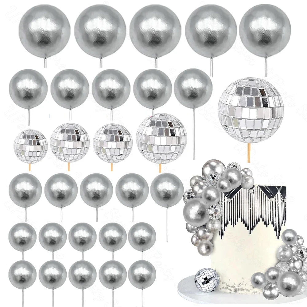 30Pcs Hot Pink Cake Balls Topper  Pink Silver Glitters Disco Balls Cake Toppers for Wedding Disco Birthday Cake Decor Supply