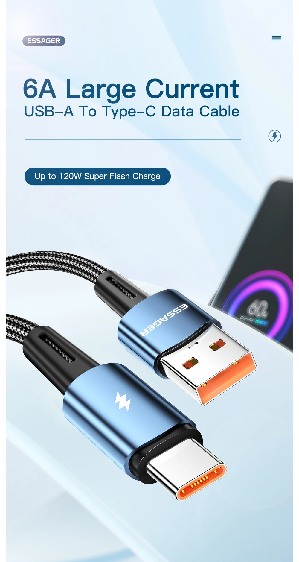 120W USB-A to Type-C Super Fast Charging Cable (6A)