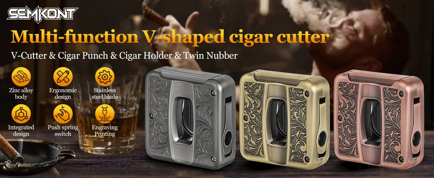 Cigar Cutter,4 in 1 Multifunction V Cut Cutter with Cigar Punch,Cigar Holder & Twin Nubber,Suitable for Max 60 Ring Gauge Cigars