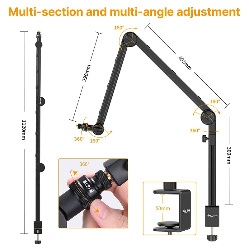 Desktop Microphone Boom Arm Stand Extend 1/4'' 3/8'' 5/8'' Screw 90° Hover Bracket for DSLR GoPro Smartphone