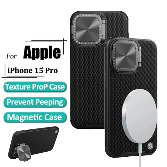 Nylon Texturedo Prop Magnetic Case For iPhone 15 Pro Case Fiber Camera Flip Bracket Shockproof Back Cover